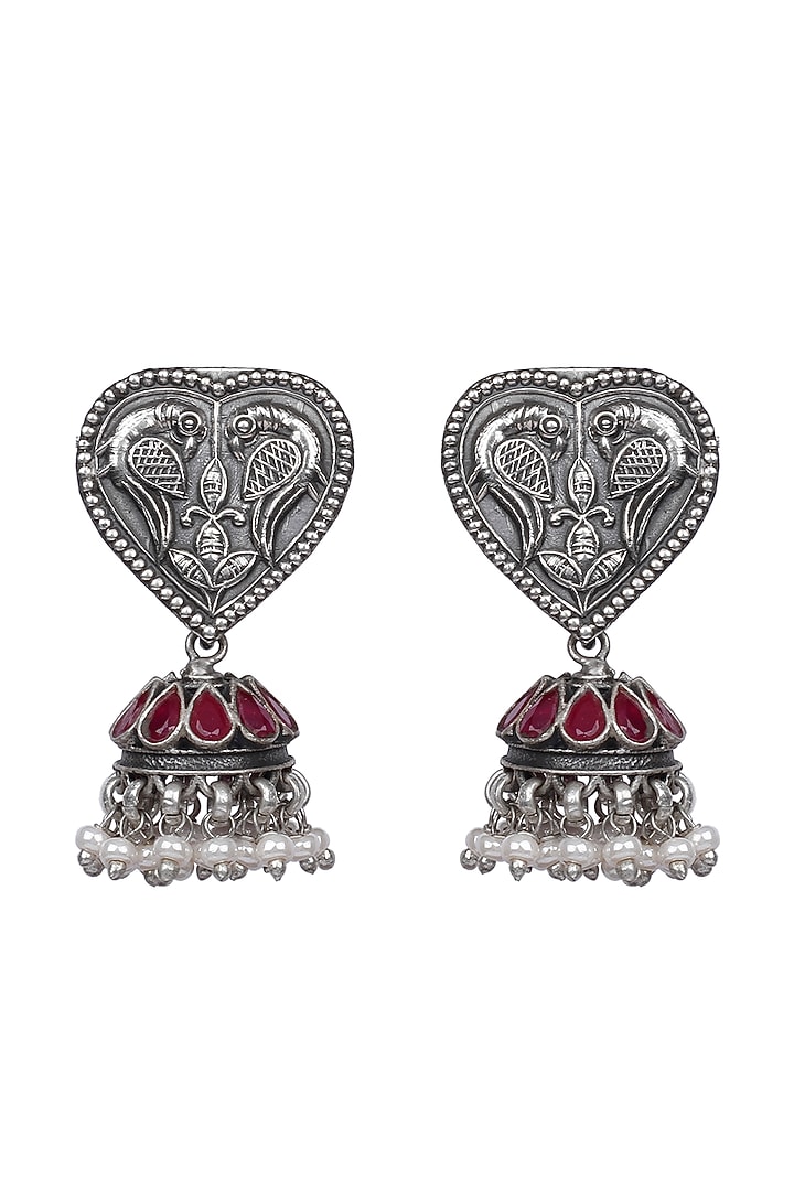 Silver Finish Ruby & Pearl Jhumka Earrings In Sterling Silver by Sangeeta Boochra at Pernia's Pop Up Shop