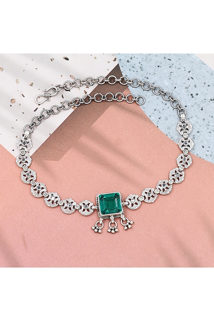 Silver Finish Emerald Stone Handmade Necklace In Sterling Silver by Sangeeta Boochra at Pernia's Pop Up Shop