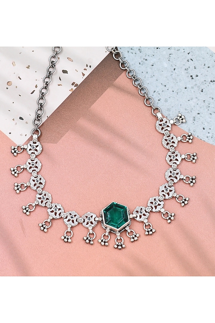 Silver Finish Emerald Stone Handmade Necklace In Sterling Silver by Sangeeta Boochra at Pernia's Pop Up Shop