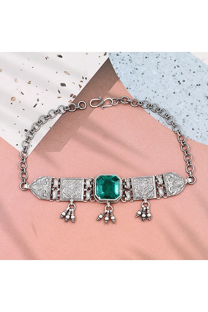 Silver Finish Emerald Stone Handmade Necklace In Sterling Silver by Sangeeta Boochra at Pernia's Pop Up Shop