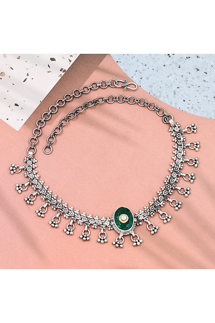 Silver Finish Emerald Stone Handmade Necklace In Sterling Silver by Sangeeta Boochra at Pernia's Pop Up Shop