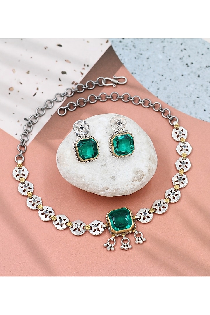 Silver Finish Emerald Stone Handmade Choker Necklace Set In Sterling Silver by Sangeeta Boochra at Pernia's Pop Up Shop