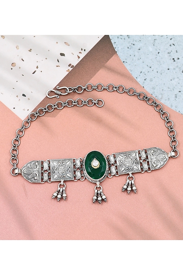 Silver Finish Emerald Stone Handmade Necklace In Sterling Silver by Sangeeta Boochra at Pernia's Pop Up Shop