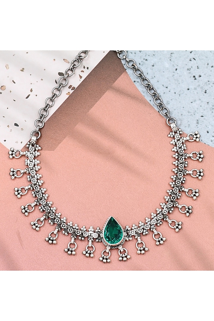 Silver Finish Deep Green Emerald Stone Handmade Necklace In Sterling Silver by Sangeeta Boochra at Pernia's Pop Up Shop