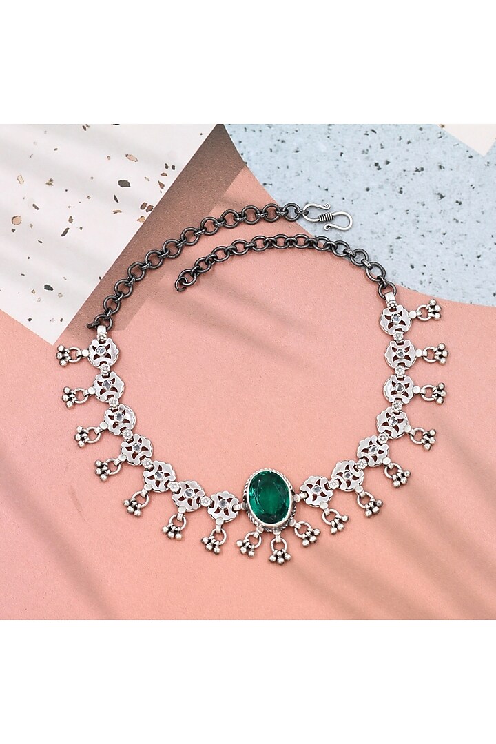 Silver Finish Emerald Stone Handmade Necklace In Sterling Silver by Sangeeta Boochra at Pernia's Pop Up Shop