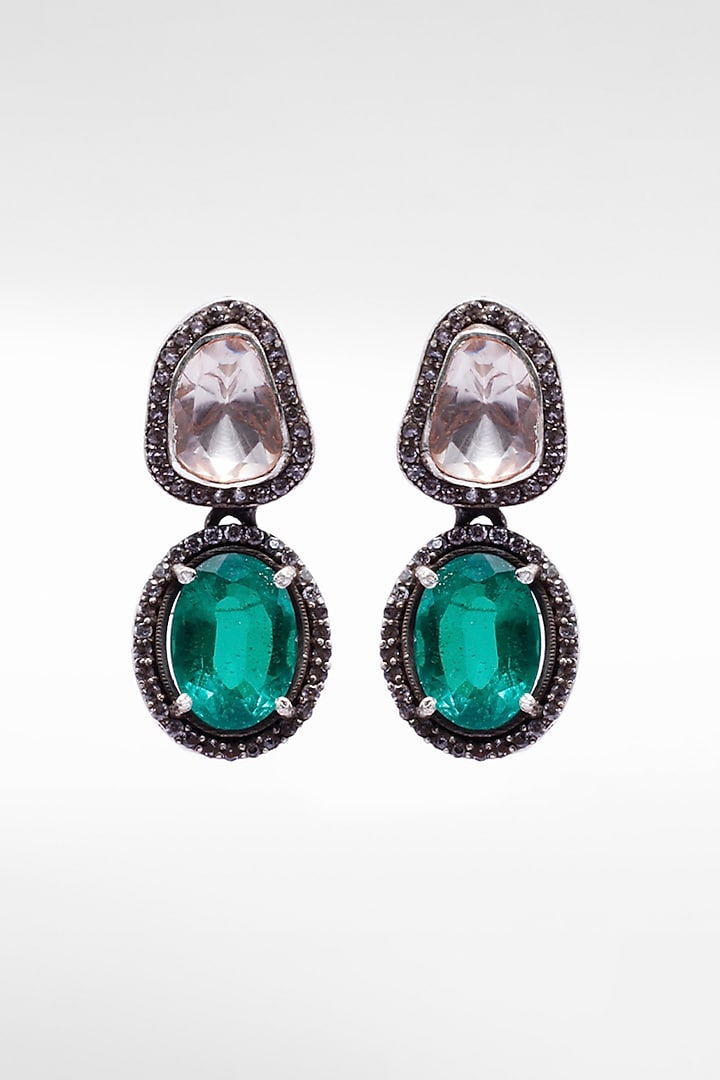 Silver Moissanite & Green Onyx Teardrop Earrings by Sangeeta Boochra