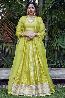 Lime Green Brocade Lehenga Set by Sobariko-STUNNING BROCADES
