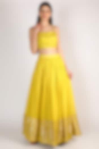 Lime Yellow Zari Embellished Lehenga Set by Sobariko