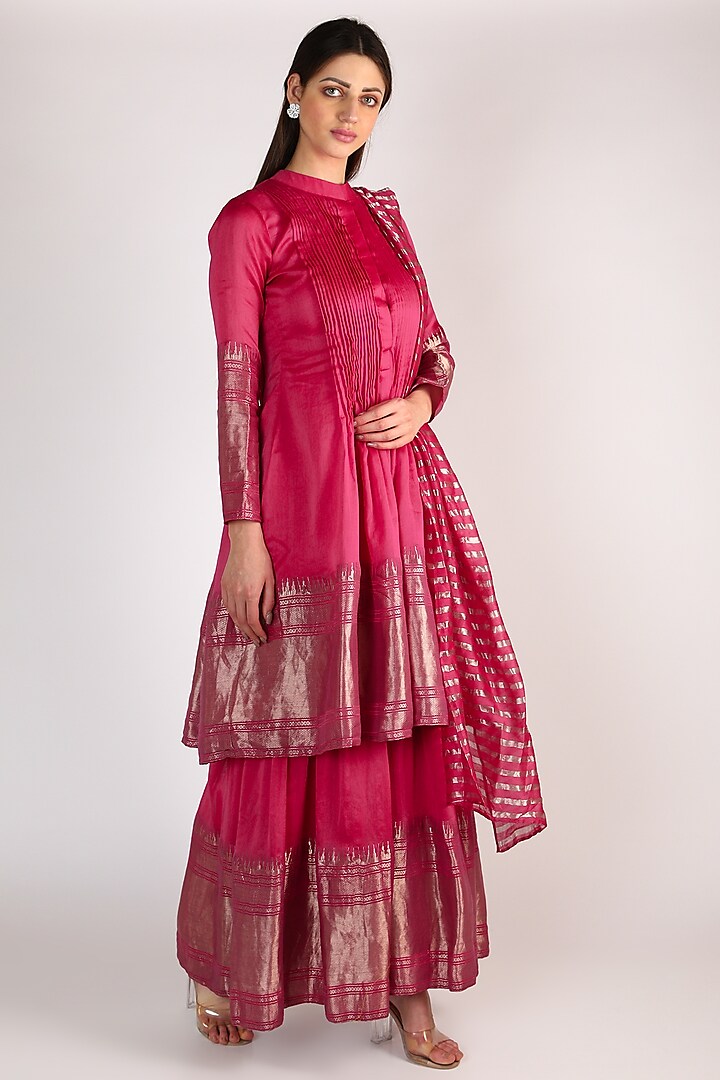 Pink Chanderi Zari Embellished Gharara Set by Sobariko