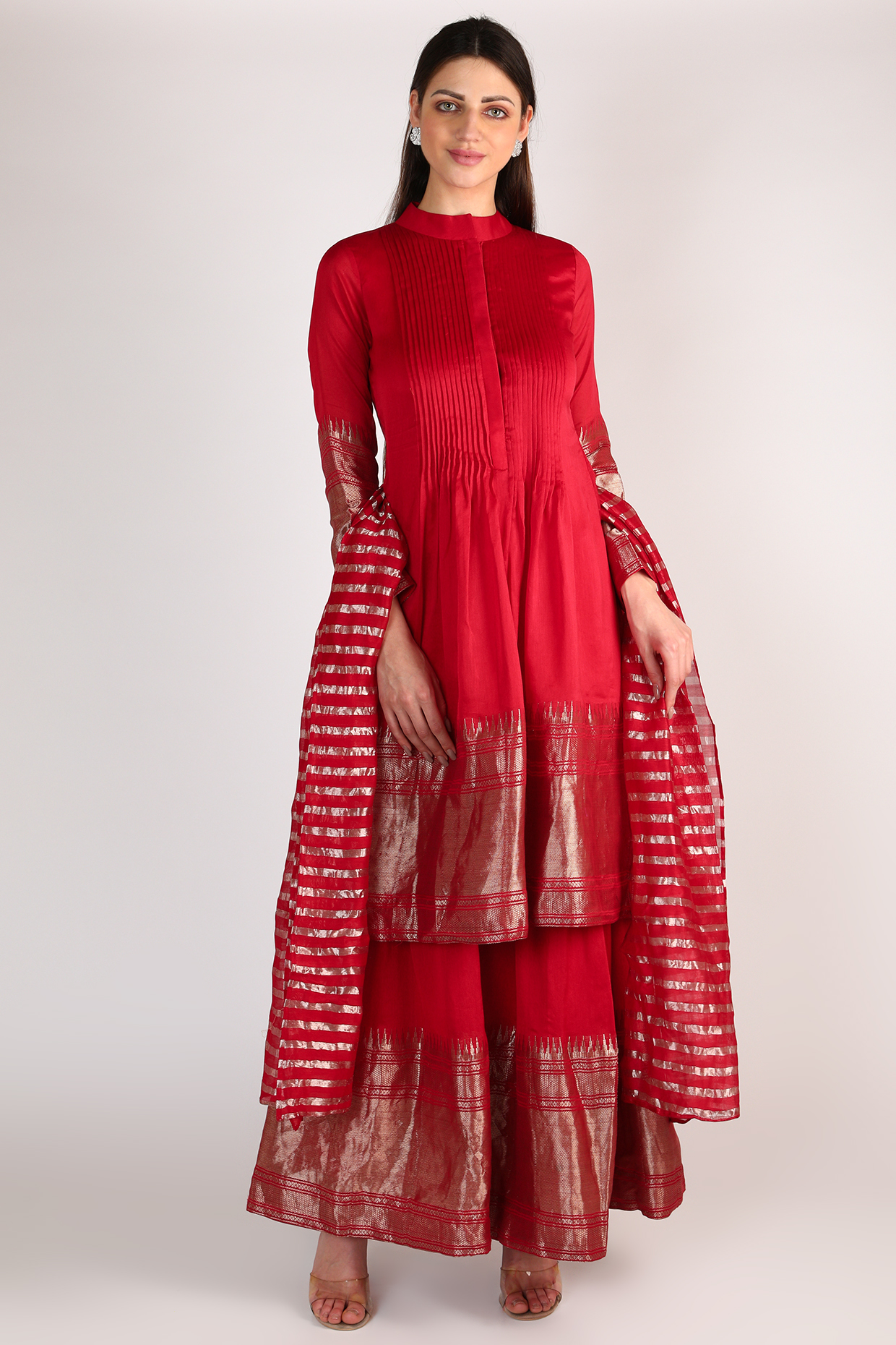 Red Chanderi Zari Embellished Gharara Set by Sobariko at Pernia's Pop Up Shop
