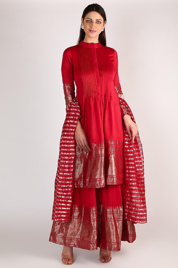 Red Zari Embellished Gharara Set by Sobariko
