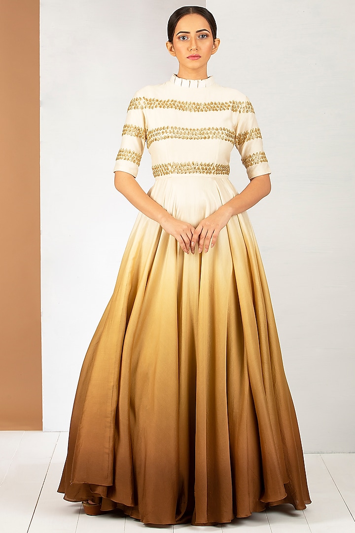 Off White & Caramel Brown Ombre Gown by Siyaahi by Poonam & Rohit