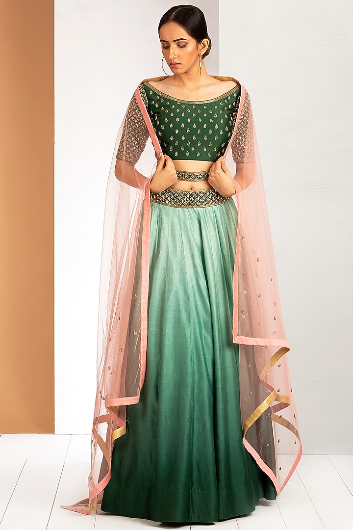 Green Ombre Wedding Lehenga Set by Siyaahi by Poonam & Rohit at Pernia's Pop Up Shop