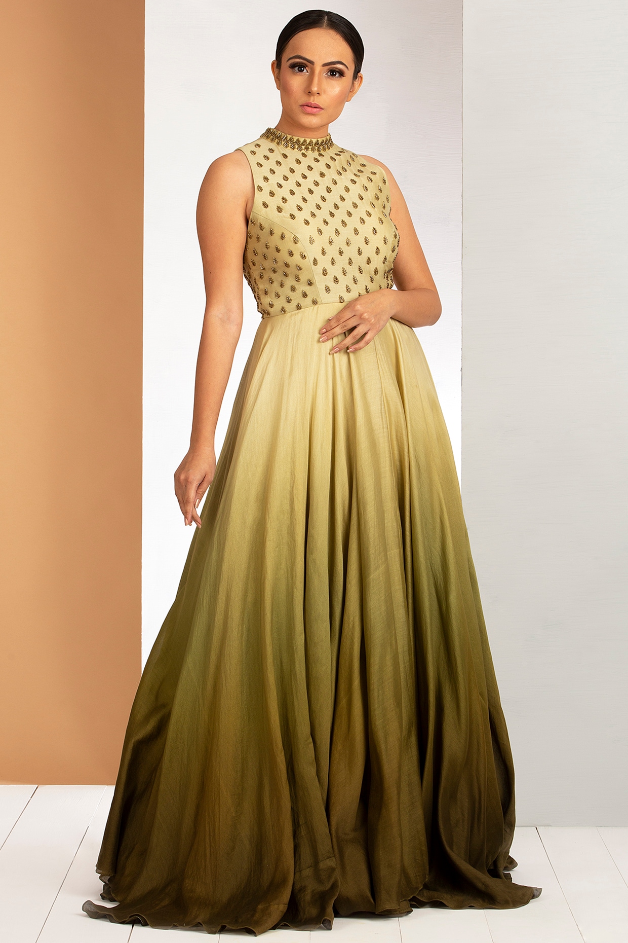 Pastel Green To Olive Green Ombre Party Wear Gown by Siyaahi by Poonam  Rohit at Pernia's Pop Up Shop
