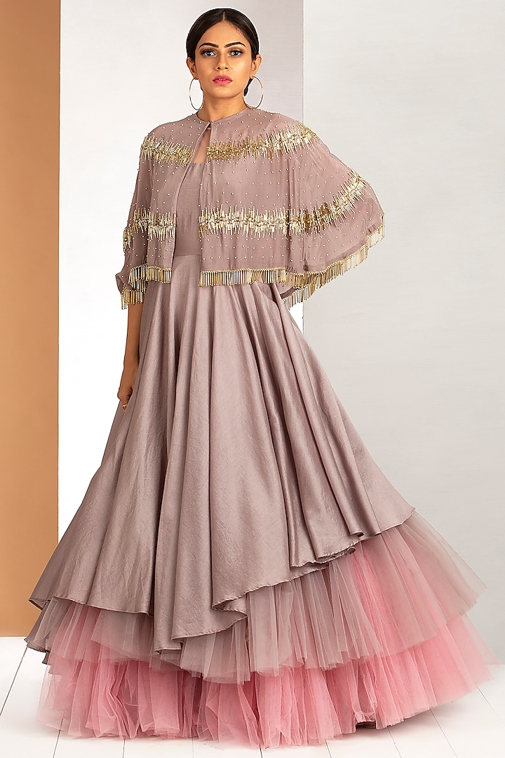 Lilac & Prism Pink Layered Gown by Siyaahi by Poonam & Rohit