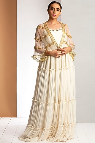 Pearl White Tiered Gown With Cape by Siyaahi by Poonam & Rohit