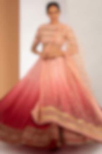Salmon Pink To Coral Ombre Wedding Lehenga Set by Siyaahi by Poonam & Rohit at Pernia's Pop Up Shop