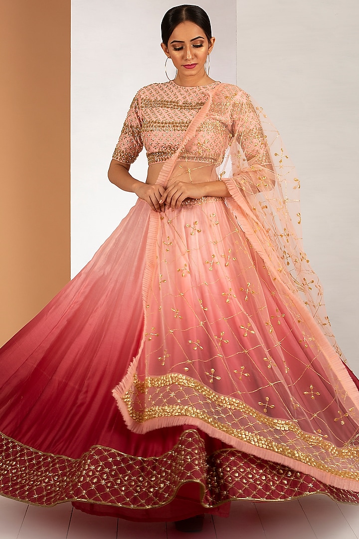 Salmon Pink To Coral Ombre Wedding Lehenga Set by Siyaahi by Poonam & Rohit at Pernia's Pop Up Shop