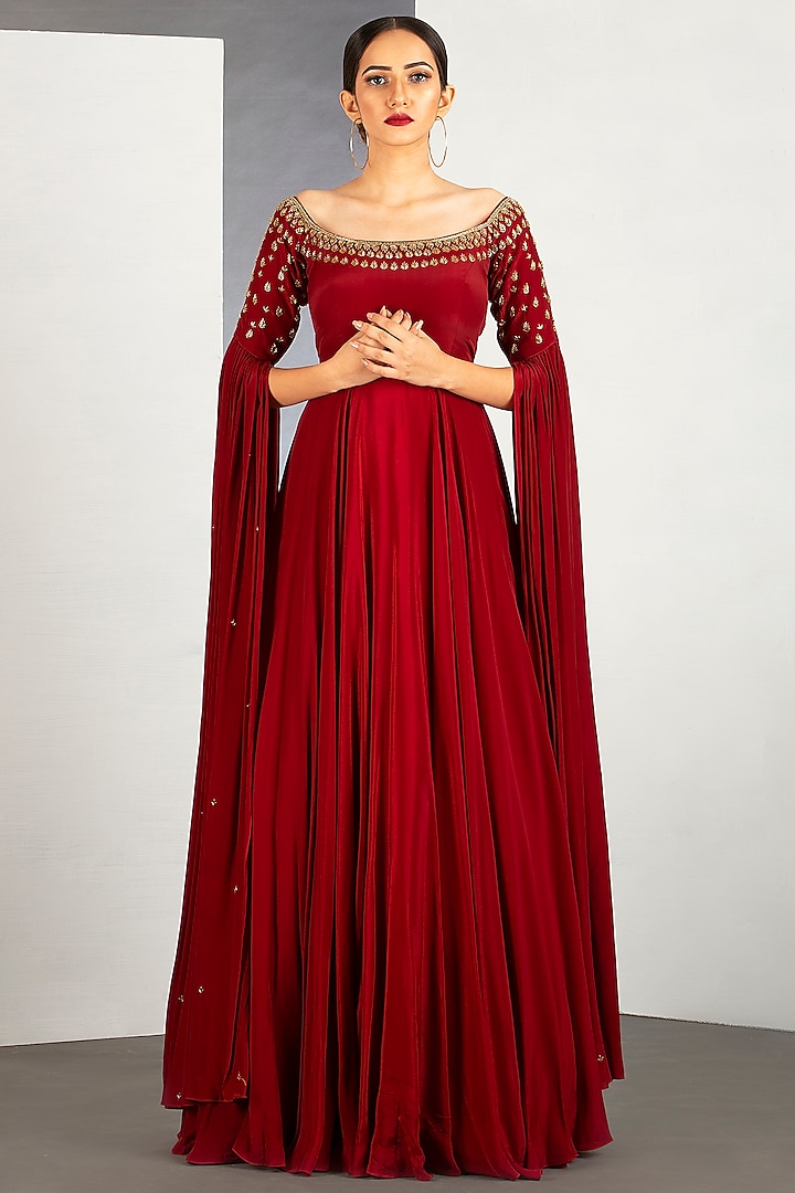 Ruby Red Flared Gown by Siyaahi by Poonam & Rohit at Pernia's Pop Up Shop