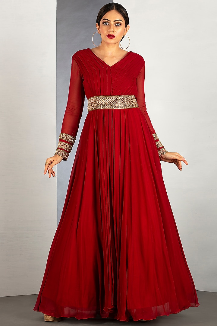 Maroon Pleated Gown by Siyaahi by Poonam & Rohit at Pernia's Pop Up Shop