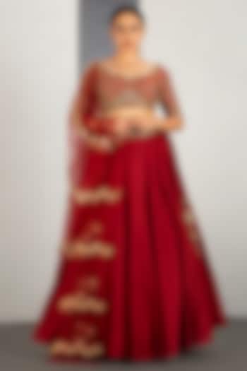 Ruby Red Embellished Wedding Lehenga Set by Siyaahi by Poonam & Rohit at Pernia's Pop Up Shop