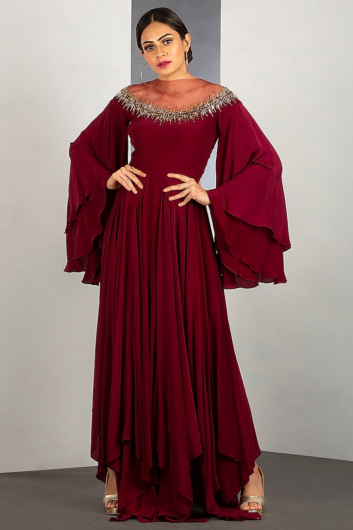 Merlot Red Gown With Pipework by Siyaahi by Poonam & Rohit