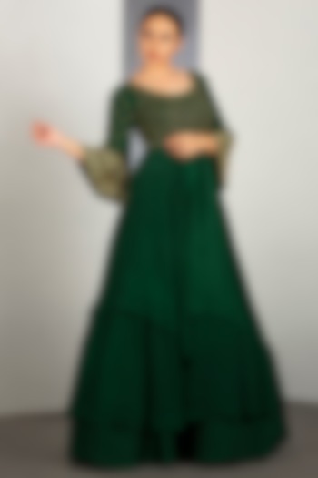 Pine Green Layered Gown With Pipework by Siyaahi by Poonam & Rohit