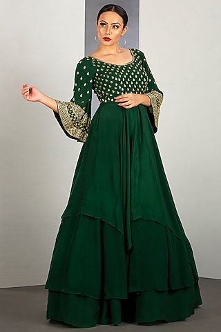 Pine Green Layered Gown With Pipework by Siyaahi by Poonam & Rohit