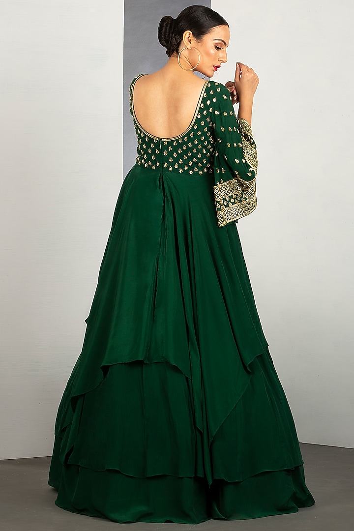 Pine Green Layered Gown With Pipework by Siyaahi by Poonam & Rohit at Pernia's Pop Up Shop