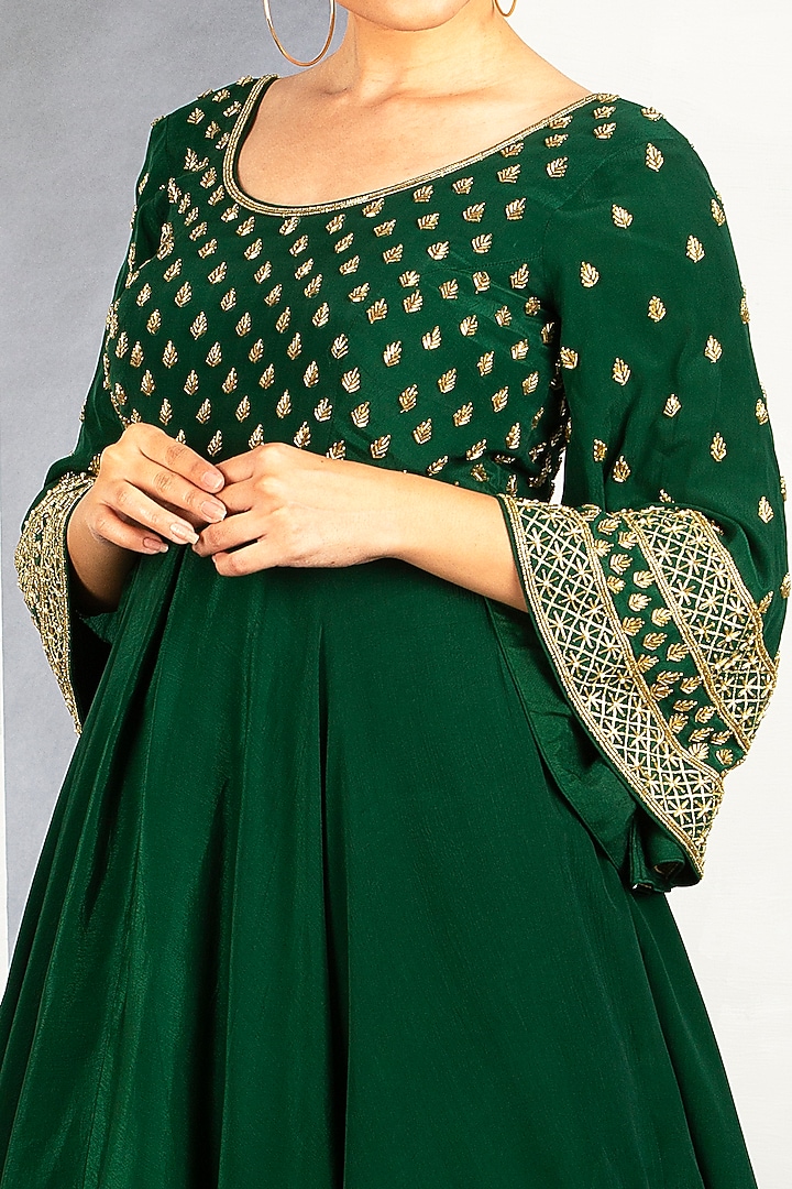 Pine Green Layered Gown With Pipework by Siyaahi by Poonam & Rohit at Pernia's Pop Up Shop