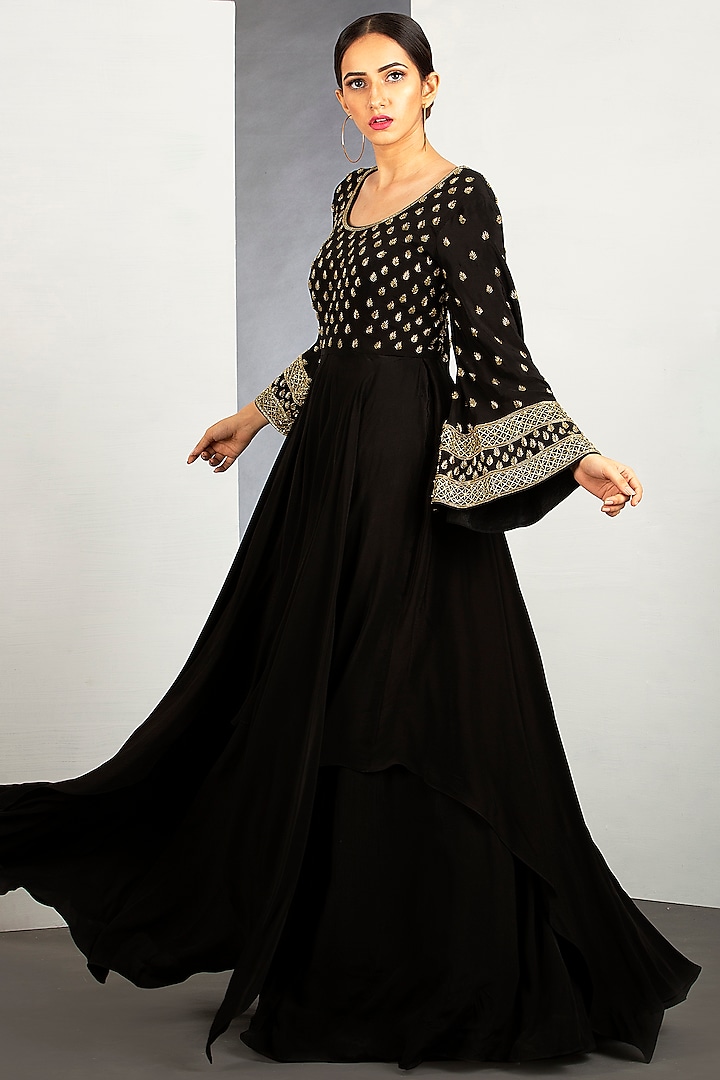 Jet Black Flared Gown With Pipework by Siyaahi by Poonam & Rohit