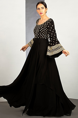 Jet Black Flared Gown With Pipework by Siyaahi by Poonam & Rohit