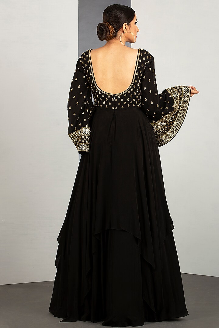 Jet Black Flared Gown With Pipework by Siyaahi by Poonam & Rohit at Pernia's Pop Up Shop