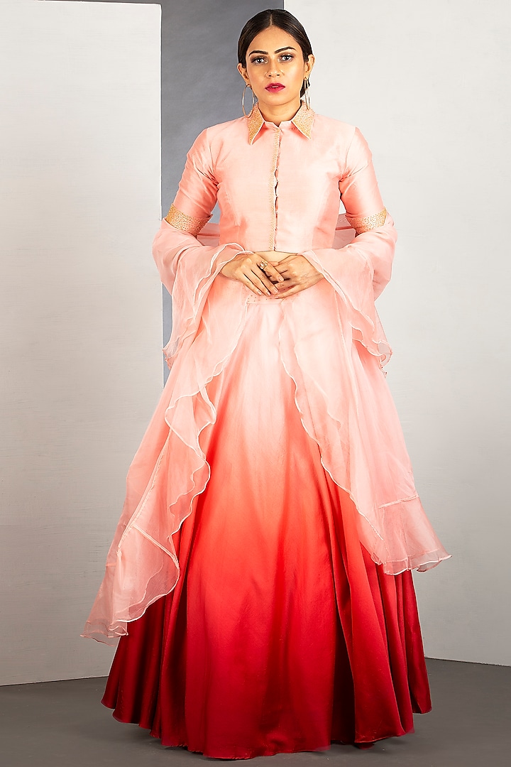 Pastel Pink & Blood Orange OmbreLehenga by Siyaahi by Poonam & Rohit