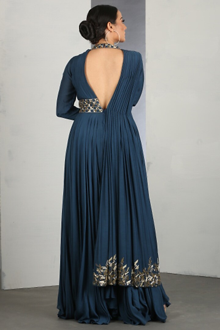 Nautilus Blue Draped Gown With Pipework by Siyaahi by Poonam & Rohit at Pernia's Pop Up Shop