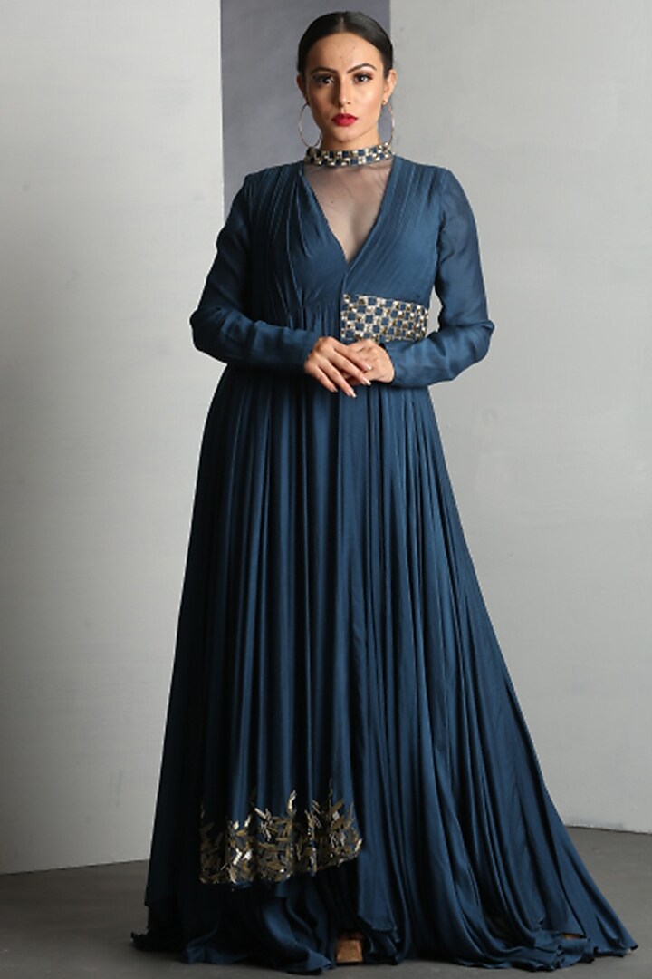 Nautilus Blue Draped Gown With Pipework by Siyaahi by Poonam & Rohit at Pernia's Pop Up Shop