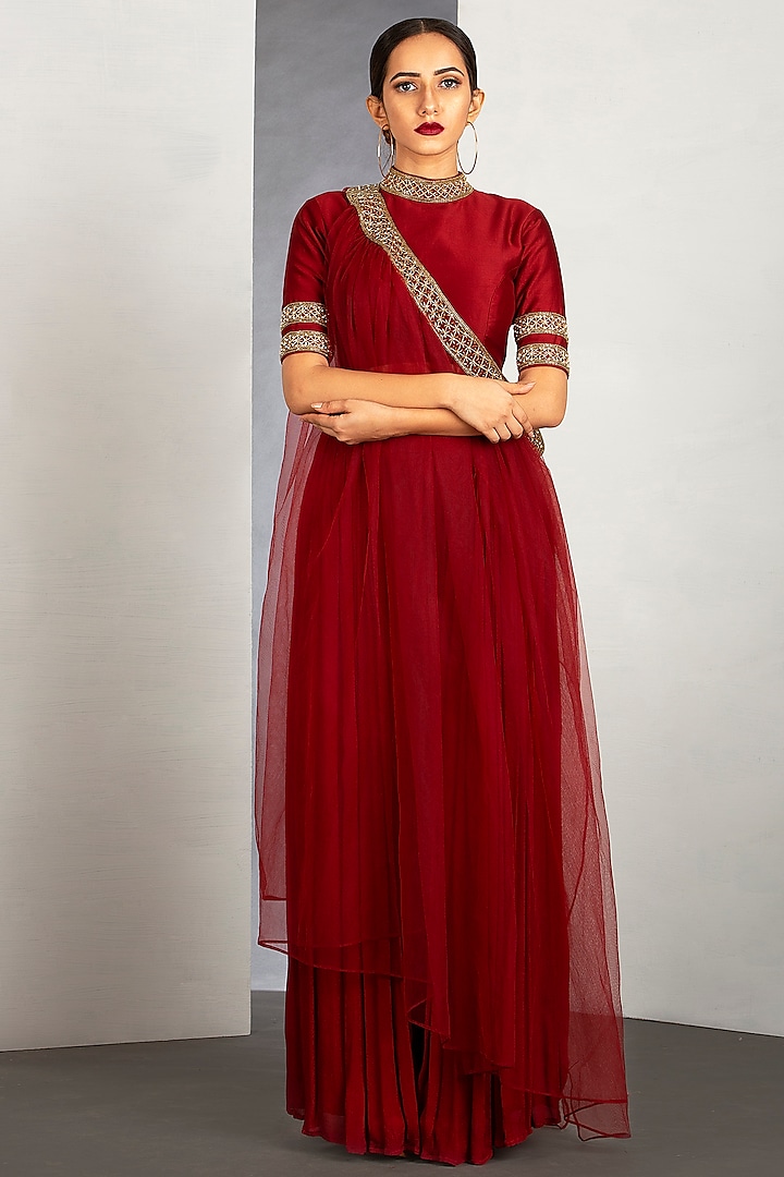 Royal Red Embroidered Palazzo Pant Set by Siyaahi by Poonam & Rohit