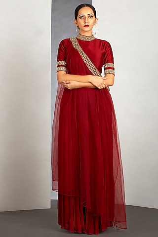Royal Red Embroidered Palazzo Pant Set by Siyaahi by Poonam & Rohit