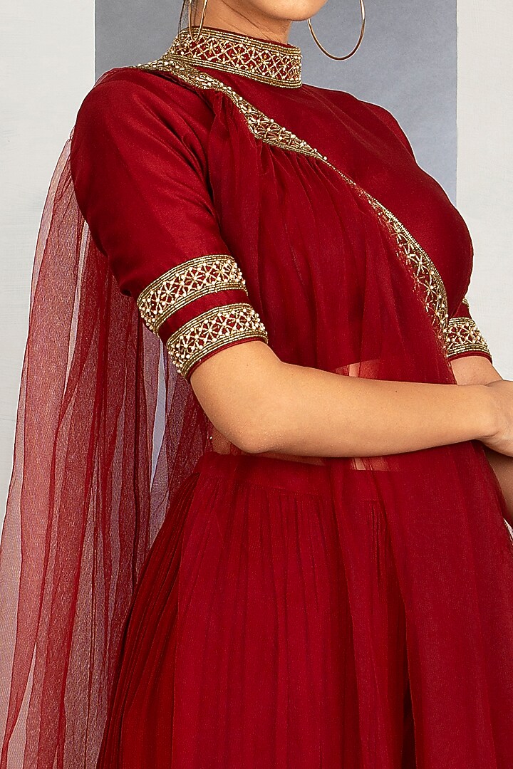 Royal Red Embroidered Palazzo Pant Set by Siyaahi by Poonam & Rohit at Pernia's Pop Up Shop