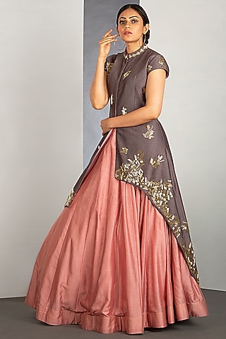 Dark Flesh Pink High-Low Skirt Set by Siyaahi by Poonam & Rohit