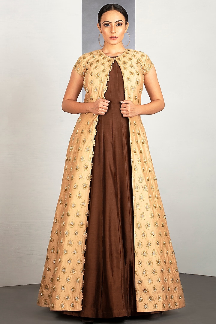 Chocolate Brown Gown With Embroidered Jacket by Siyaahi by Poonam & Rohit