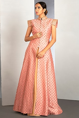 Terracotta Pink Jacket Skirt With Pipework by Siyaahi by Poonam & Rohit