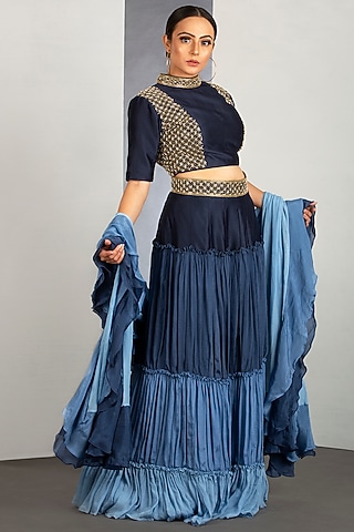 Navy Blue & Summit Blue OmbreLehenga Set by Siyaahi by Poonam & Rohit