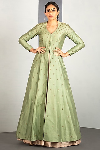 Linden Green Chanderi Silk Jacket Set by Siyaahi by Poonam & Rohit