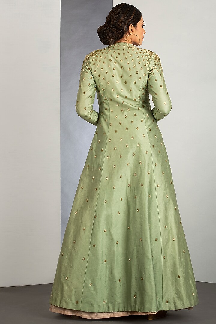 Linden Green Chanderi Silk Jacket Set by Siyaahi by Poonam & Rohit at Pernia's Pop Up Shop