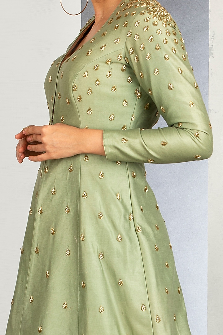 Linden Green Chanderi Silk Jacket Set by Siyaahi by Poonam & Rohit at Pernia's Pop Up Shop