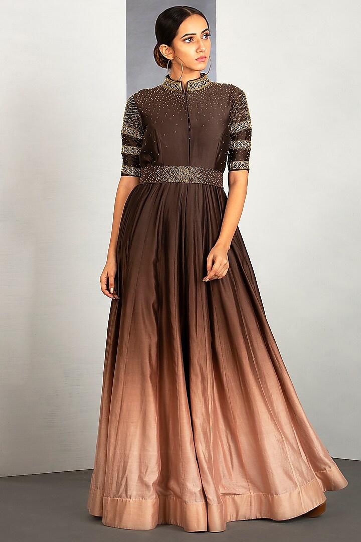Palish Brown & Cappuccino Brown OmbreEmbroidered Gown by Siyaahi by Poonam & Rohit