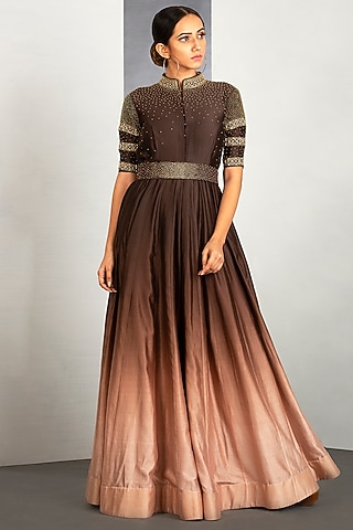 Palish Brown & Cappuccino Brown OmbreEmbroidered Gown by Siyaahi by Poonam & Rohit