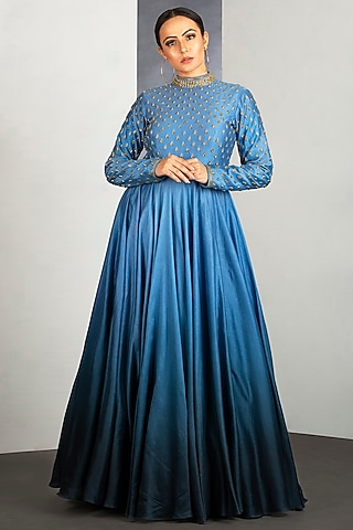 Sky Blue & Nautilus Blue OmbreEmbroidered Gown by Siyaahi by Poonam & Rohit