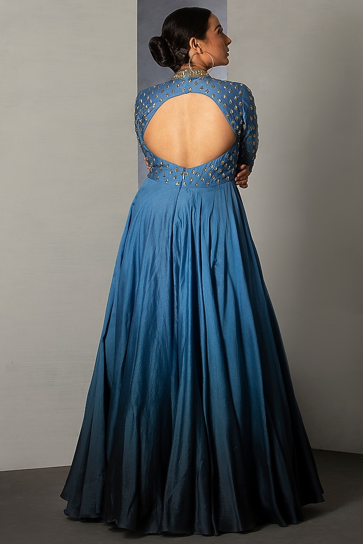 Sky Blue & Nautilus Blue OmbreEmbroidered Gown by Siyaahi by Poonam & Rohit at Pernia's Pop Up Shop